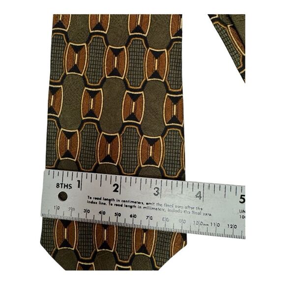 Geometric Necktie Olive Green Brown Patterned Business Casual Men's Tie - Picture 3 of 6